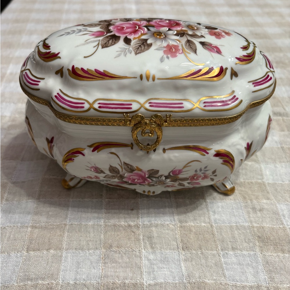 Limoges Floral Porcelain Jewelry Box with Gold Accents